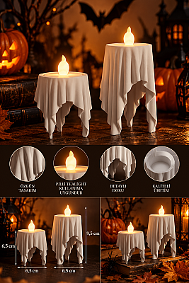 Halloween Hayalet Tealight Mumluk 2 Boy 6,5 ve 9,5 cm Dekoratif Masa Süsü - Beyaz (1)