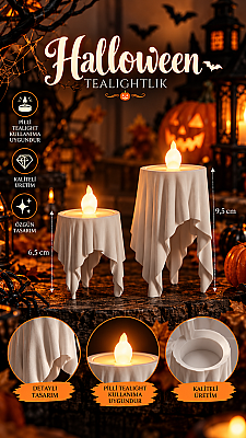 Halloween Hayalet Tealight Mumluk 2 Boy 6,5 ve 9,5 cm Dekoratif Masa Süsü - Beyaz