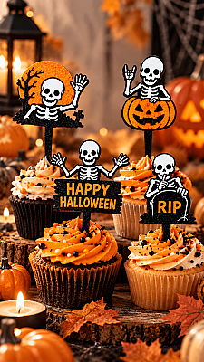 Halloween İskelet Pasta ve Cupcake Süsü 4-5x10 cm – Balkabağı RIP Topper Seti (1)