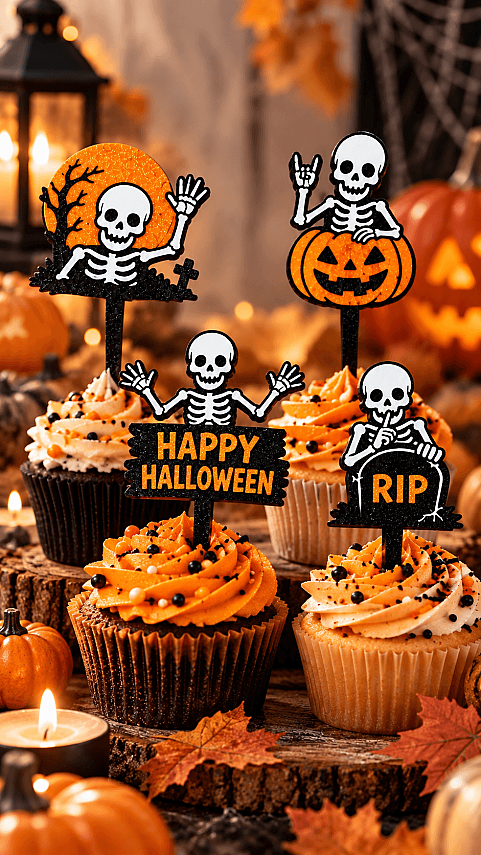 Halloween İskelet Pasta ve Cupcake Süsü 4-5x10 cm – Balkabağı RIP Topper Seti - 2