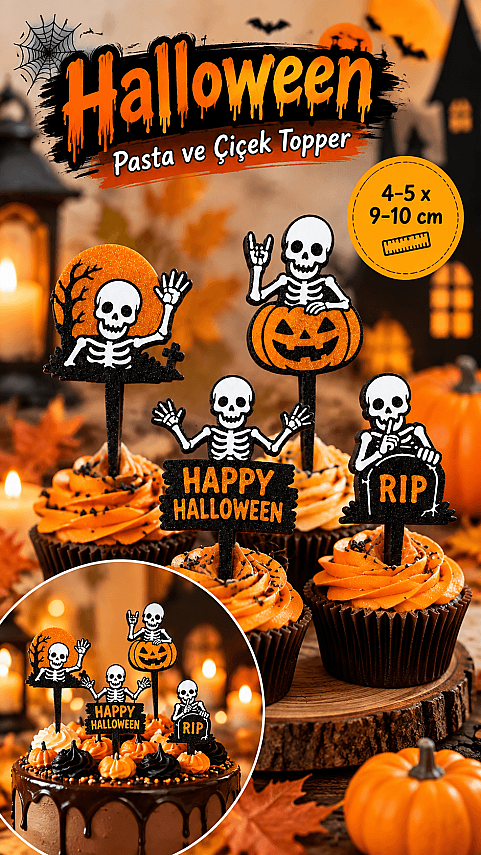Halloween İskelet Pasta ve Cupcake Süsü 4-5x10 cm – Balkabağı RIP Topper Seti - 1