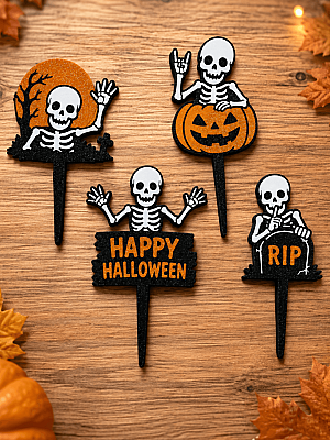 Halloween İskelet Pasta ve Cupcake Süsü 4-5x10 cm – Balkabağı RIP Topper Seti - 3