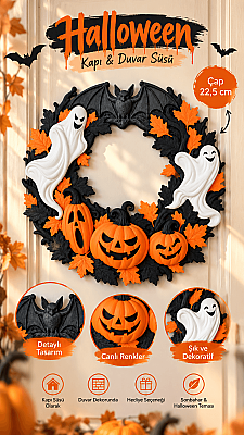 Halloween Kapı ve Duvar Süsü 22,5 cm | Hayalet Balkabağı Yarasa Figürlü Cadılar Bayramı