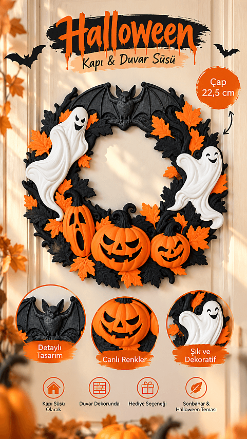Halloween Kapı ve Duvar Süsü 22,5 cm | Hayalet Balkabağı Yarasa Figürlü Cadılar Bayramı - 1