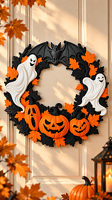 Halloween Kapı ve Duvar Süsü 22,5 cm | Hayalet Balkabağı Yarasa Figürlü Cadılar Bayramı (1)