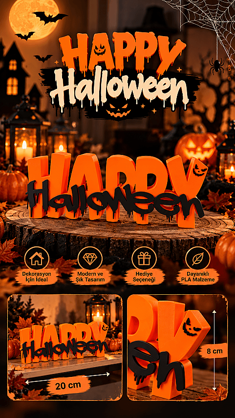 Halloween Masaüstü Dekoratif Süs Happy Halloween Yazısı 20x8 cm 3D Baskı PLA Cadılar Bayramı - 1