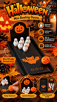 Halloween Mini Bowling Oyunu 8x17 cm – Balkabağı ve Hayalet Figürlü Masa Oyunu