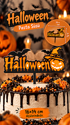 Halloween Pasta Süsü 13x16 cm – Cadı Şapkalı Balkabağı ve Yarasa Pasta Topper