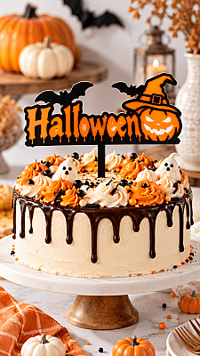 Halloween Pasta Süsü 13x16 cm – Cadı Şapkalı Balkabağı ve Yarasa Pasta Topper (1)