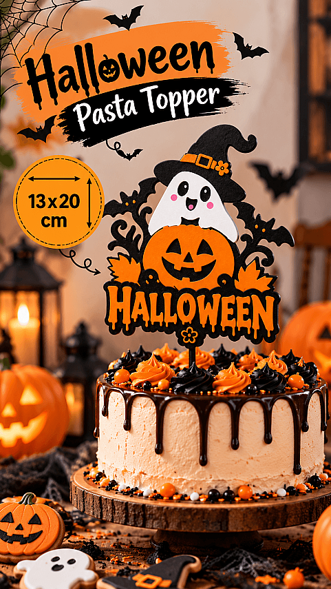 Halloween Pasta Süsü 13x20 cm – Balkabağı Hayalet Cadı Şapkalı Pasta Topper - 1