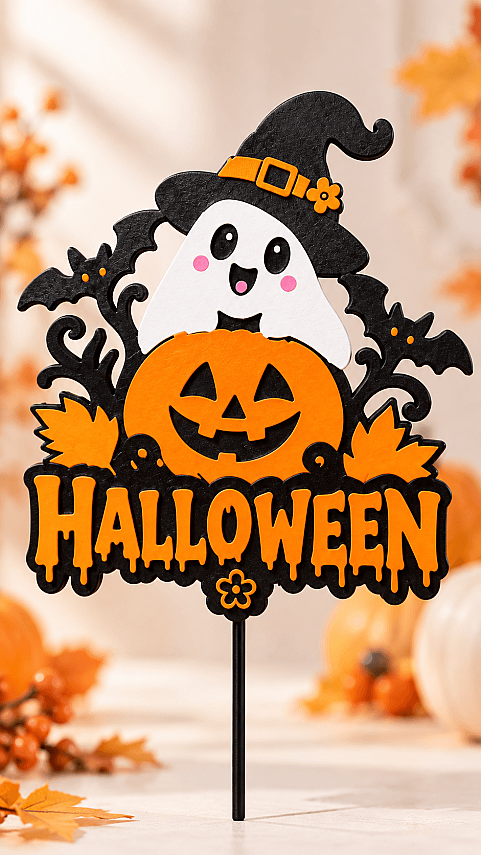 Halloween Pasta Süsü 13x20 cm – Balkabağı Hayalet Cadı Şapkalı Pasta Topper - 3