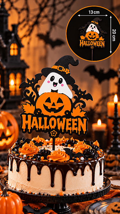 Halloween Pasta Süsü 13x20 cm – Balkabağı Hayalet Cadı Şapkalı Pasta Topper - 2
