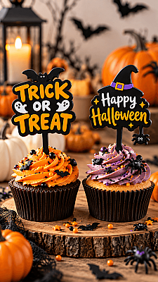 Halloween Pasta Süsü 2’li Set 5x8 cm – Trick or Treat ve Cadı Şapkalı Cupcake Topper (1)