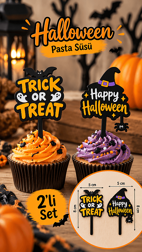 Halloween Pasta Süsü 2’li Set 5x8 cm – Trick or Treat ve Cadı Şapkalı Cupcake Topper - 1