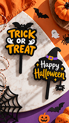 Halloween Pasta Süsü 2’li Set 5x8 cm – Trick or Treat ve Cadı Şapkalı Cupcake Topper - 3