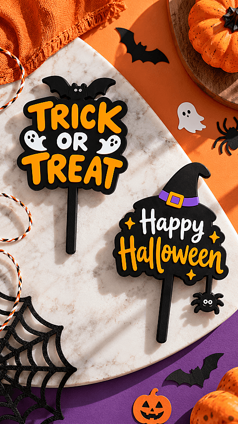 Halloween Pasta Süsü 2’li Set 5x8 cm – Trick or Treat ve Cadı Şapkalı Cupcake Topper - 3