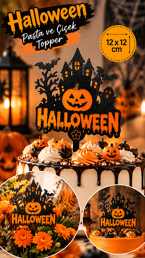 Halloween Pasta ve Çiçek Süsü 15x10 cm – Balkabağı Perili Ev Topper Dekor - 1
