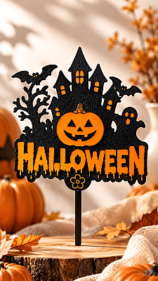 Halloween Pasta ve Çiçek Süsü 15x10 cm – Balkabağı Perili Ev Topper Dekor (1)