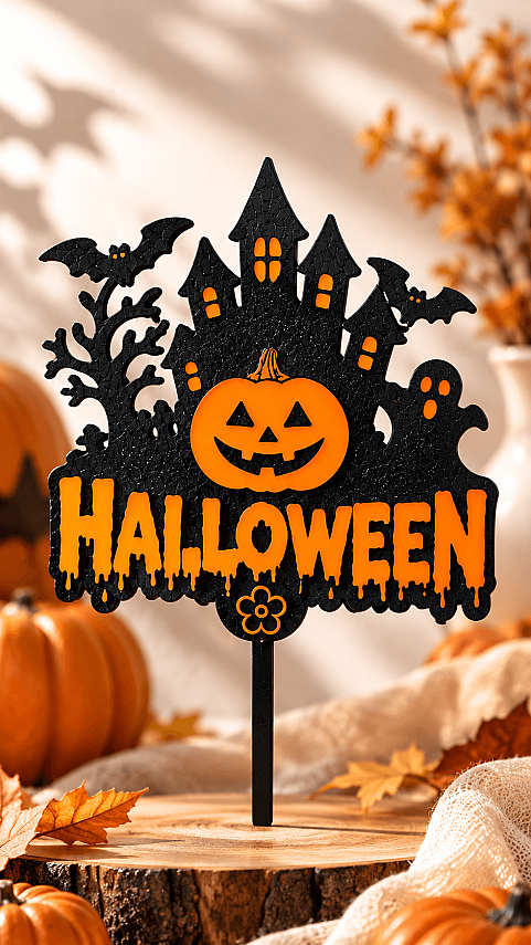 Halloween Pasta ve Çiçek Süsü 15x10 cm – Balkabağı Perili Ev Topper Dekor - 2