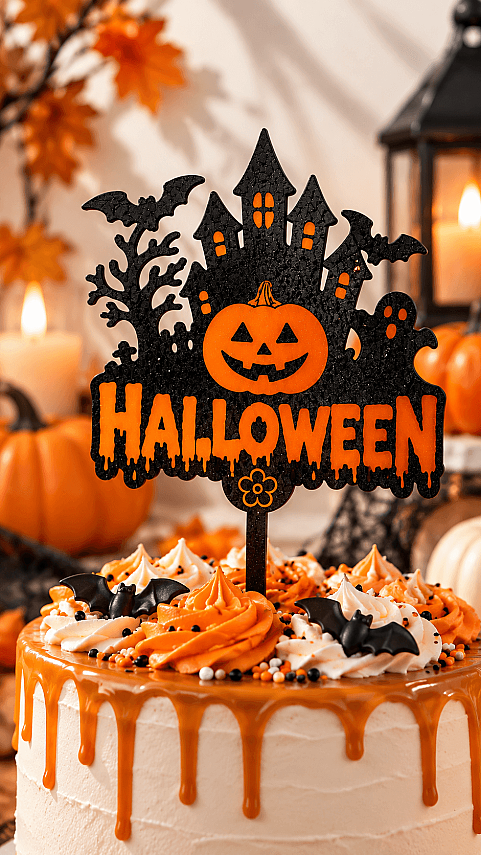Halloween Pasta ve Çiçek Süsü 15x10 cm – Balkabağı Perili Ev Topper Dekor - 3