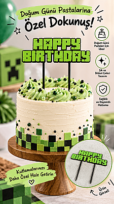 Happy Birthday Minecraft Temalı Pasta Süsü Cake Topper 17x17 cm