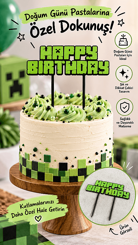 Happy Birthday Minecraft Temalı Pasta Süsü Cake Topper 17x17 cm - 1
