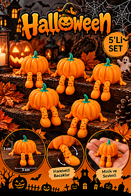 Hareketli Bacaklı Balkabağı Figürü 3 cm 5’li Set – Halloween Dekoru