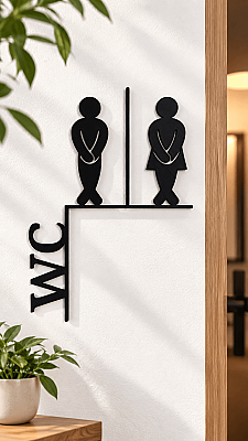 Kadın Erkek Figürlü WC Kapı Tabelası Siyah Dekoratif Tuvalet Tabelası 19x13 cm (1)