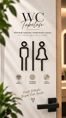 Kadın Erkek WC Kapı Tabelası Minimal Siyah Tuvalet İşareti 18 cm