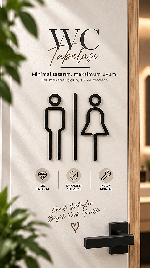Kadın Erkek WC Kapı Tabelası Minimal Siyah Tuvalet İşareti 18 cm - 1