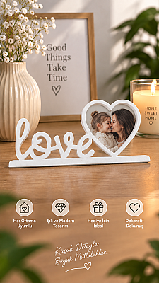 Love Yazılı Kalpli Fotoğraf Çerçevesi Masaüstü Dekoratif Çerçeve 20x10 cm - Beyaz
