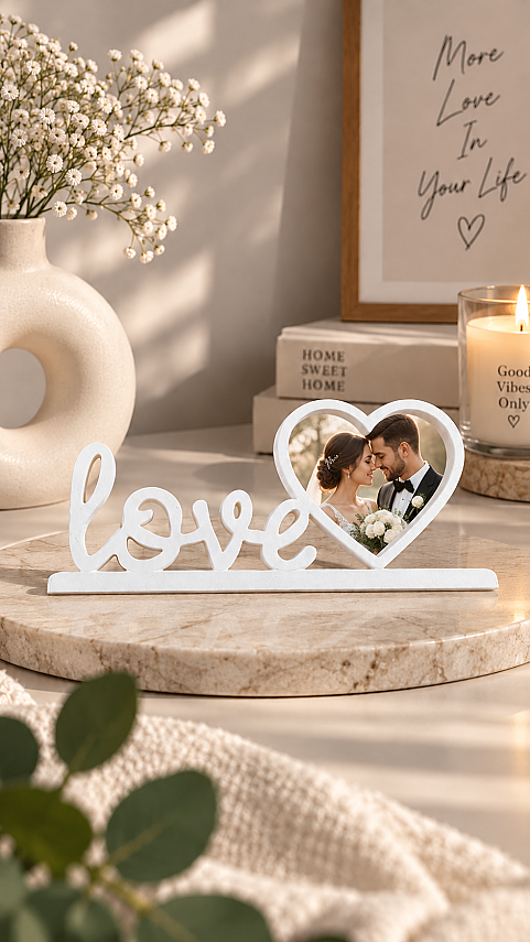 Love Yazılı Kalpli Fotoğraf Çerçevesi Masaüstü Dekoratif Çerçeve 20x10 cm - Beyaz - 3