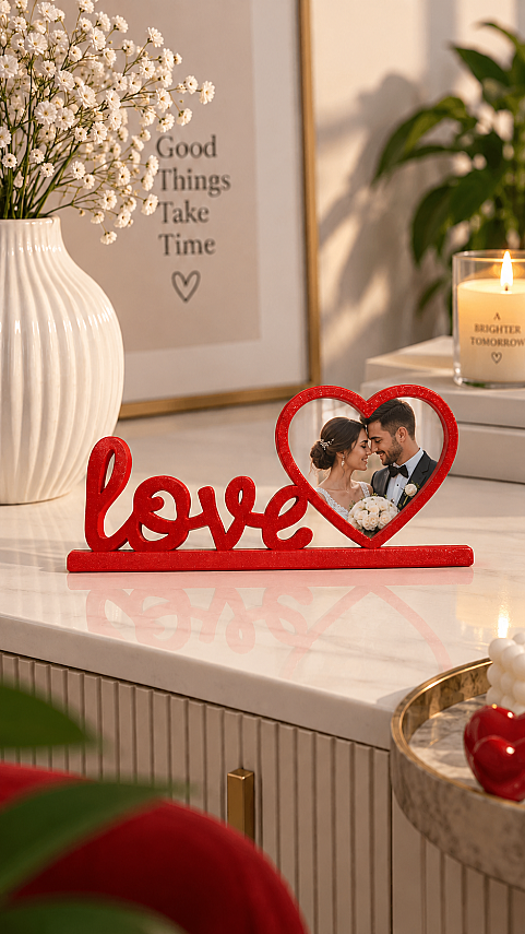 Love Yazılı Kalpli Fotoğraf Çerçevesi Masaüstü Dekoratif Çerçeve 20x10 cm - Kırmızı - 1