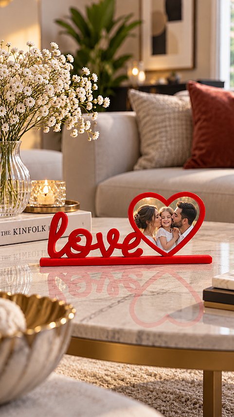 Love Yazılı Kalpli Fotoğraf Çerçevesi Masaüstü Dekoratif Çerçeve 20x10 cm - Kırmızı - 3