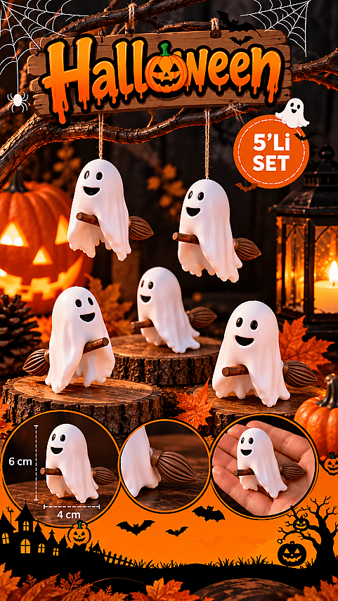 Süpürgeli Hayalet Figürü 6 cm 5’li Set – Halloween Dekoratif Süs - 1