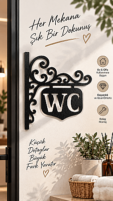 WC Yazılı Dekoratif Kapı Tabelası Siyah Tuvalet Banyo Duvar Süsü 20x18 cm