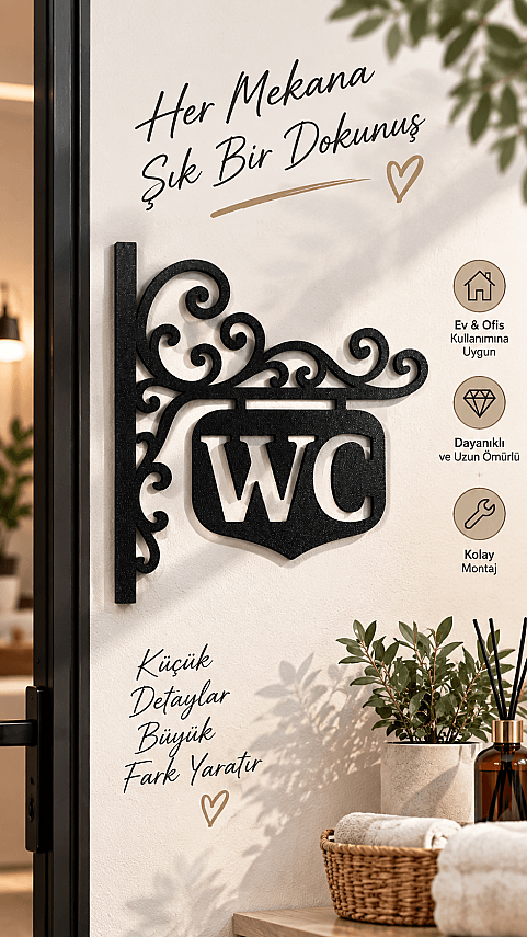 WC Yazılı Dekoratif Kapı Tabelası Siyah Tuvalet Banyo Duvar Süsü 20x18 cm - 1