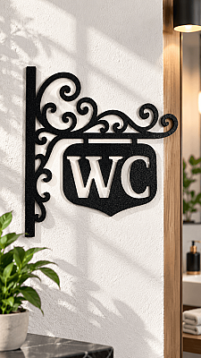 WC Yazılı Dekoratif Kapı Tabelası Siyah Tuvalet Banyo Duvar Süsü 20x18 cm - 3