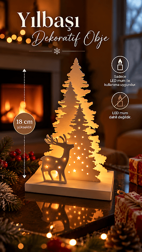 Yılbaşı Dekoratif LED Mumluk 18 cm Ren Geyiği ve Çam Ağacı Figürlü Masa Süsü Dekor Obje - 1