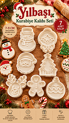 Yılbaşı Kurabiye ve Oyun Hamuru Kalıbı 7'li Set Noel Baba Kardan Adam Geyik 7-9 cm