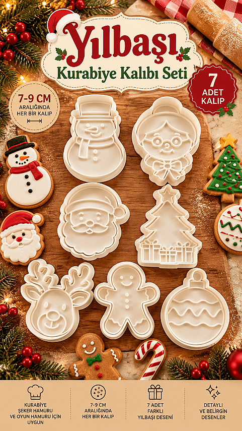 Yılbaşı Kurabiye ve Oyun Hamuru Kalıbı 7'li Set Noel Baba Kardan Adam Geyik 7-9 cm - 1