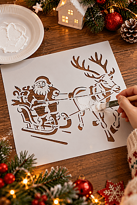 Yılbaşı Stencil Şablon 23x23 cm Noel Baba Ren Geyiği Kızaklı Cam Süsleme ve Boyama Kalıbı - 3