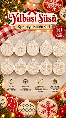Yılbaşı Süsü Kurabiye ve Oyun Hamuru Kalıbı 10'lu Set 5 cm Desenli Baskı Damga Seti