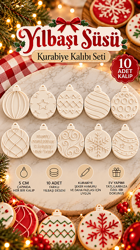 Yılbaşı Süsü Kurabiye ve Oyun Hamuru Kalıbı 10'lu Set 5 cm Desenli Baskı Damga Seti - 1