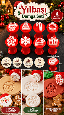 Yılbaşı Temalı Hamur Damga Seti 8'li Noel Baba Kar Tanesi Kurabiye Oyun Hamuru Kil Baskı Kalıbı