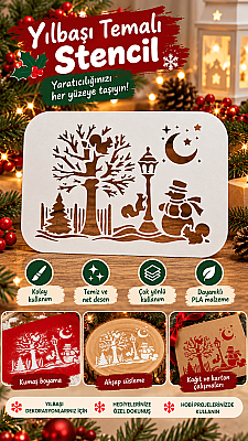 Yılbaşı Temalı Stencil Şablon 12x17 cm Kardan Adam ve Kış Manzarası Boyama Kalıbı